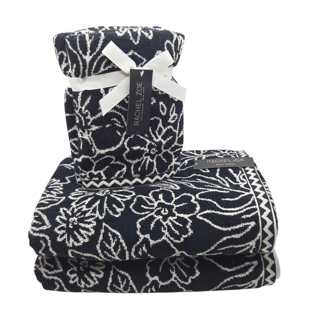 Rachel Zoe Black Ecru Floral Reversible Cotton Towel Set 4pc 2 Bath 2 Hand